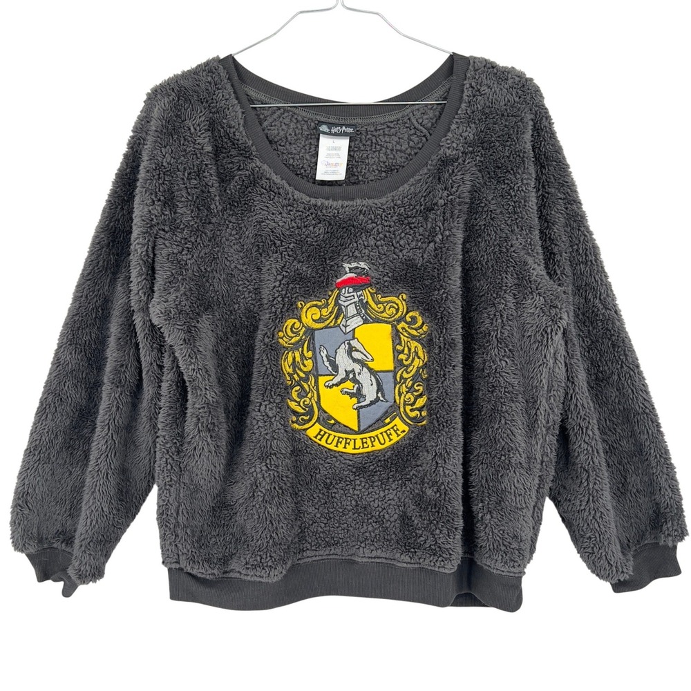 Harry Potter Womens L Hufflepuff Sherpa Fleece Pullover Sweatshirt Gray Lounge